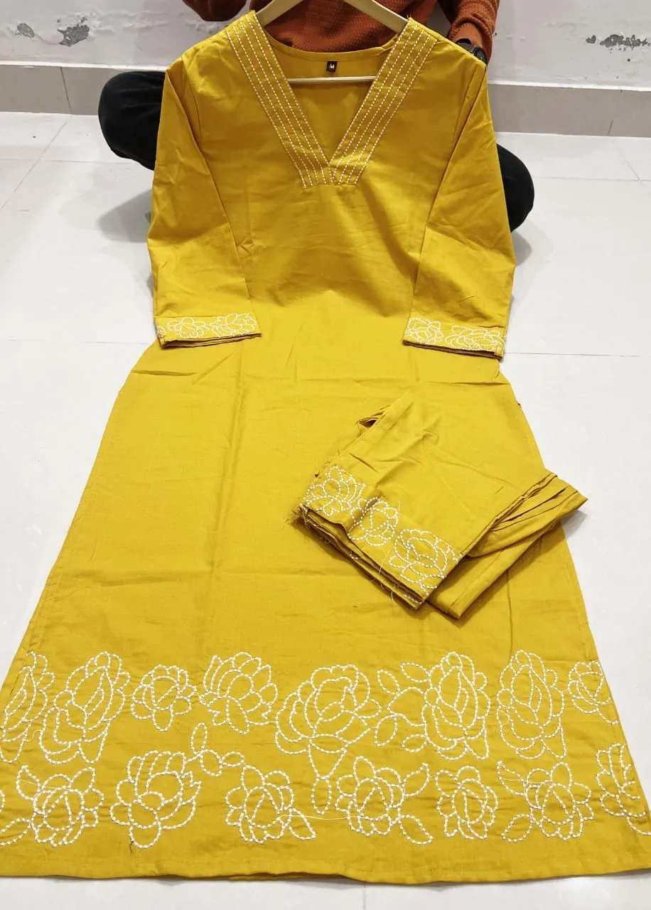 Pure Cotton 6060 V-Neck Kurti Pant Set with Embroidery Work | Elegant Office & Daily Wear 2-Piece Suit - Image 22