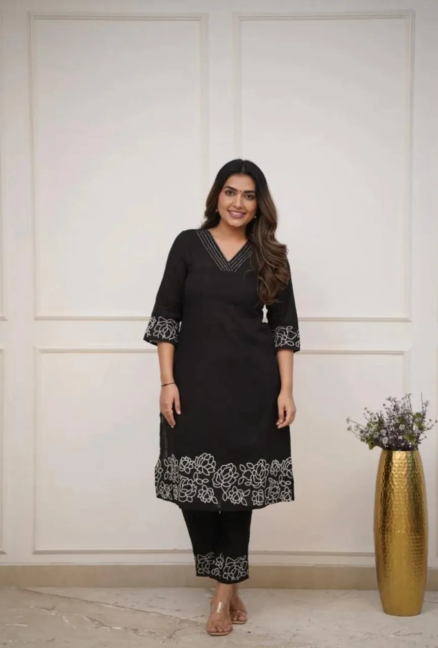 Pure Cotton 6060 V-Neck Kurti Pant Set with Embroidery Work | Elegant Office & Daily Wear 2-Piece Suit - Image 24