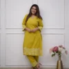 Pure Cotton 6060 V-Neck Kurti Pant Set with Embroidery Work | Elegant Office & Daily Wear 2-Piece Suit - Image 3