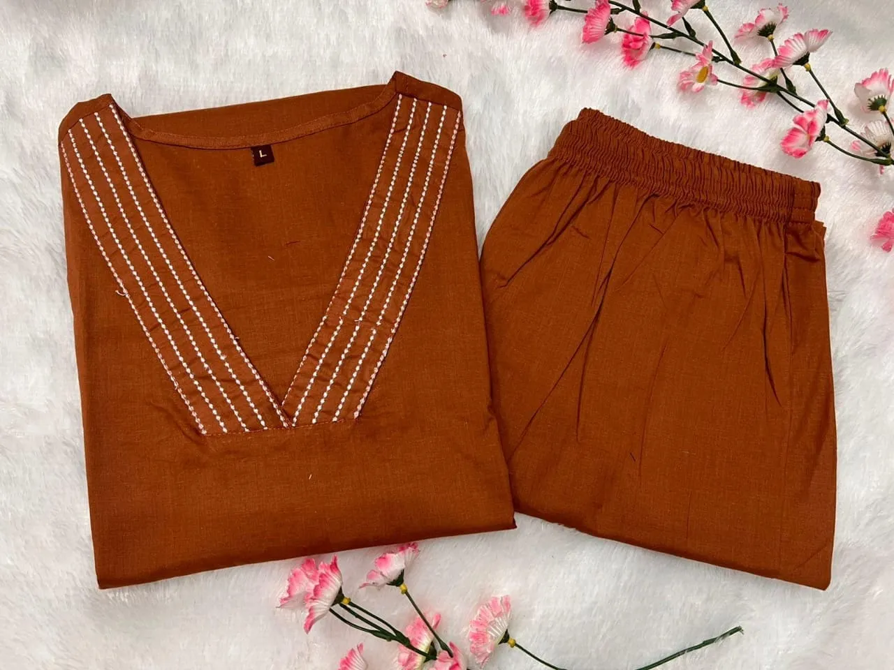 Pure Cotton 6060 V-Neck Kurti Pant Set with Embroidery Work | Elegant Office & Daily Wear 2-Piece Suit - Image 5