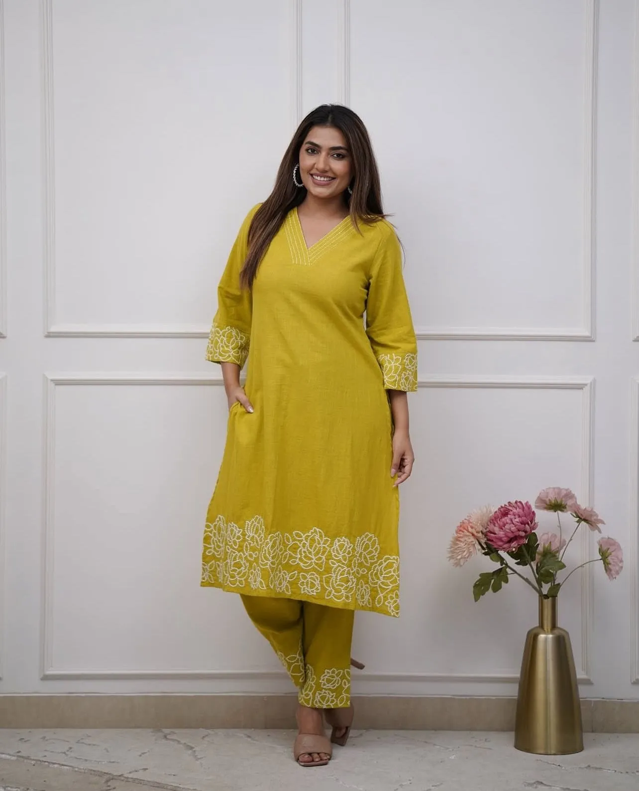 Pure Cotton 6060 V-Neck Kurti Pant Set with Embroidery Work | Elegant Office & Daily Wear 2-Piece Suit - Image 6