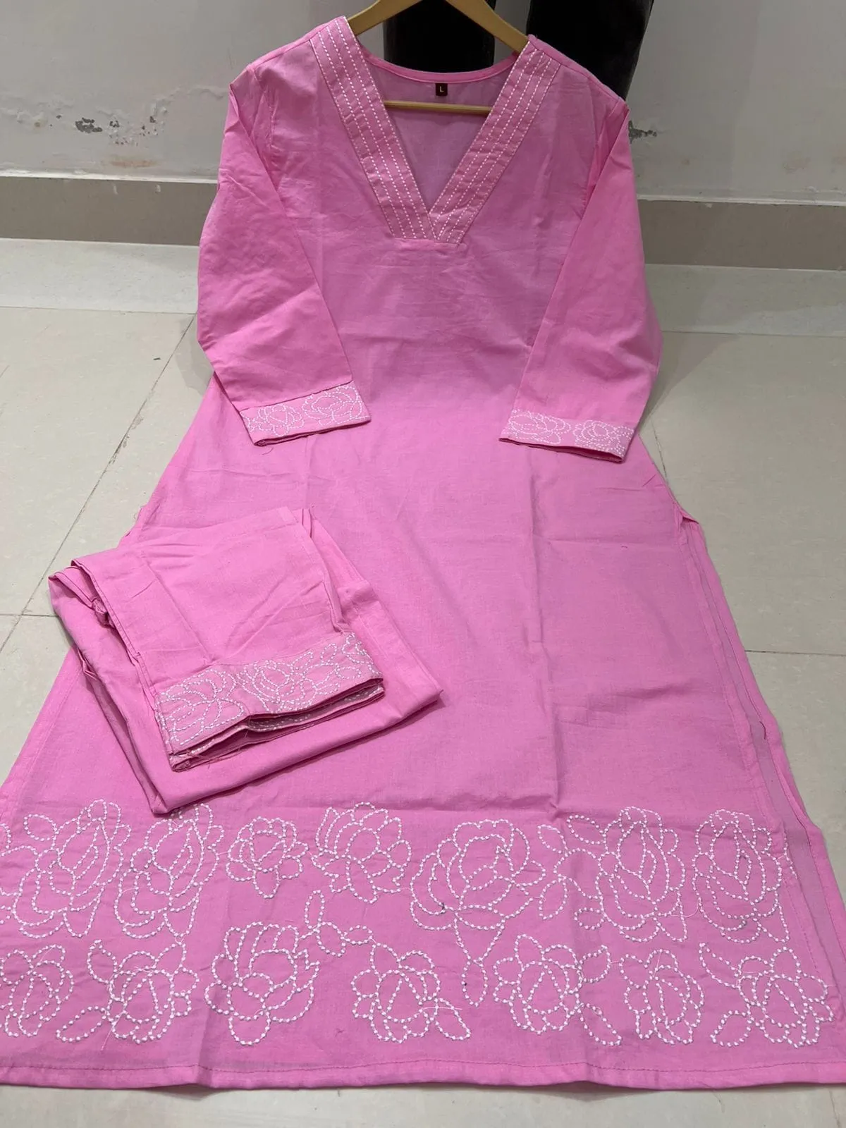 Pure Cotton 6060 V-Neck Kurti Pant Set with Embroidery Work | Elegant Office & Daily Wear 2-Piece Suit - Image 9