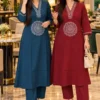 Pure Cotton A-Line Embroidered Kurti Pant Set - Image 2