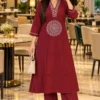 Pure Cotton A-Line Embroidered Kurti Pant Set - Image 3