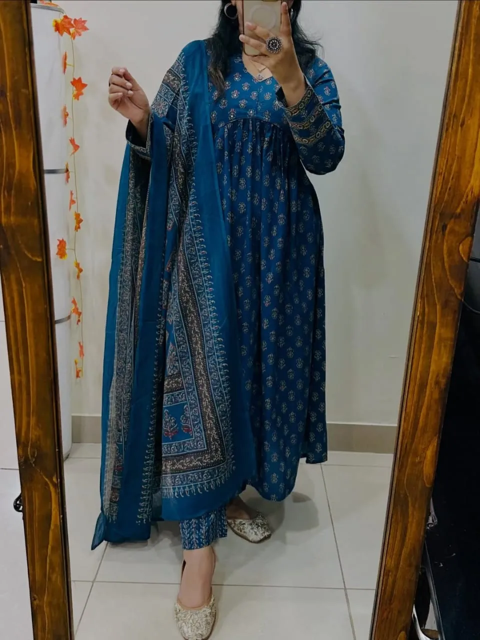 Pure Cotton Ajrakh Print Anarkali Kurti Pant Set with Sequin Yoke Work & Tasseled Dupatta (3-Piece Suit)