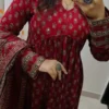 Pure Cotton Ajrakh Print Anarkali Kurti Pant Set with Sequin Yoke Work & Tasseled Dupatta (3-Piece Suit) - Image 11