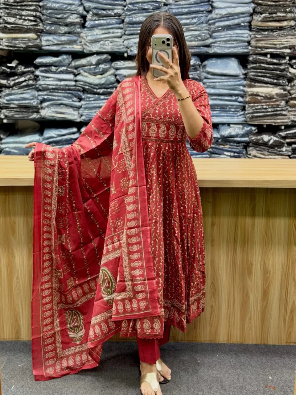 Pure Cotton Angrakha Anarkali Kurti Pant Set with Original Mirror Work & Printed Dupatta (3-Piece Festive Suit)