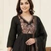 Pure Cotton Embroidered A-Line Kurti Pant Set with Malmal Dupatta (Rust & Black) - Image 11