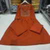 Pure Cotton Embroidered A-Line Kurti Pant Set with Malmal Dupatta (Rust & Black) - Image 13