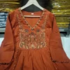 Pure Cotton Embroidered A-Line Kurti Pant Set with Malmal Dupatta (Rust & Black) - Image 14