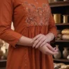 Pure Cotton Embroidered A-Line Kurti Pant Set with Malmal Dupatta (Rust & Black) - Image 15