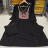 Pure Cotton Embroidered A-Line Kurti Pant Set with Malmal Dupatta (Rust & Black) - Image 2
