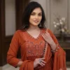 Pure Cotton Embroidered A-Line Kurti Pant Set with Malmal Dupatta (Rust & Black) - Image 3