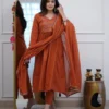 Pure Cotton Embroidered A-Line Kurti Pant Set with Malmal Dupatta (Rust & Black) - Image 5