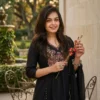 Pure Cotton Embroidered A-Line Kurti Pant Set with Malmal Dupatta (Rust & Black) - Image 6