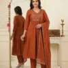 Pure Cotton Embroidered A-Line Kurti Pant Set with Malmal Dupatta (Rust & Black) - Image 7