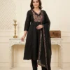 Pure Cotton Embroidered A-Line Kurti Pant Set with Malmal Dupatta (Rust & Black) - Image 9