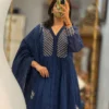 Pure Cotton Embroidered Anarkali Kurta Pant Set with Malmal Dupatta