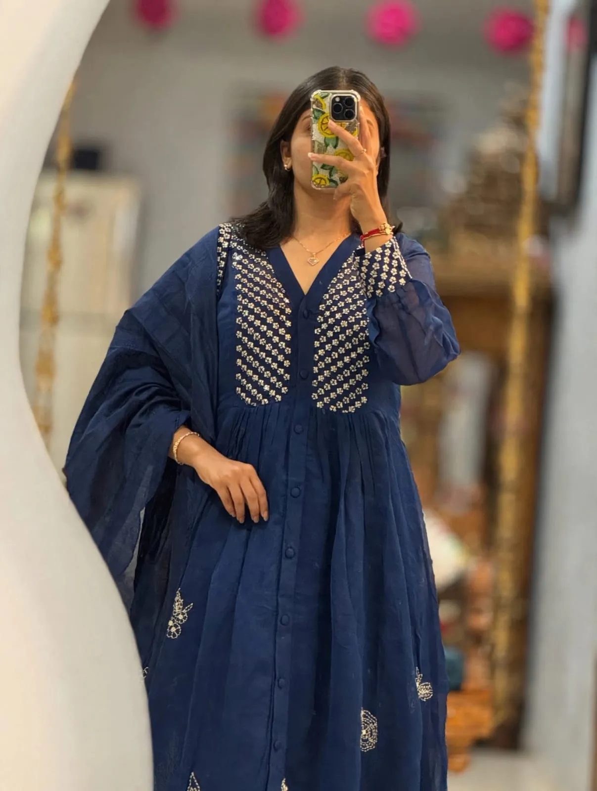 Pure Cotton Embroidered Anarkali Kurta Pant Set with Malmal Dupatta