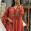 Pure Cotton Embroidered Anarkali Kurta Pant Set with Malmal Dupatta - Image 3