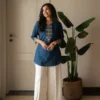 Pure Cotton Embroidered Co-ord Set for Women – Short Kurti Top with Wide-Leg Pants & Pocket (2-Piece) - Image 11