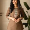 Pure Cotton Embroidered Co-ord Set for Women – Short Kurti Top with Wide-Leg Pants & Pocket (2-Piece) - Image 2