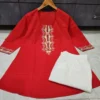 Pure Cotton Embroidered Co-ord Set for Women – Short Kurti Top with Wide-Leg Pants & Pocket (2-Piece) - Image 3