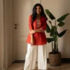 Pure Cotton Embroidered Co-ord Set for Women – Short Kurti Top with Wide-Leg Pants & Pocket (2-Piece) - Image 4