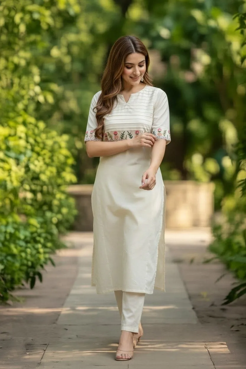 Pure Cotton Embroidered Pintuck Straight Kurti with Ankle Length Pant Set – Elegant Office & Daily Wear Co-Ord
