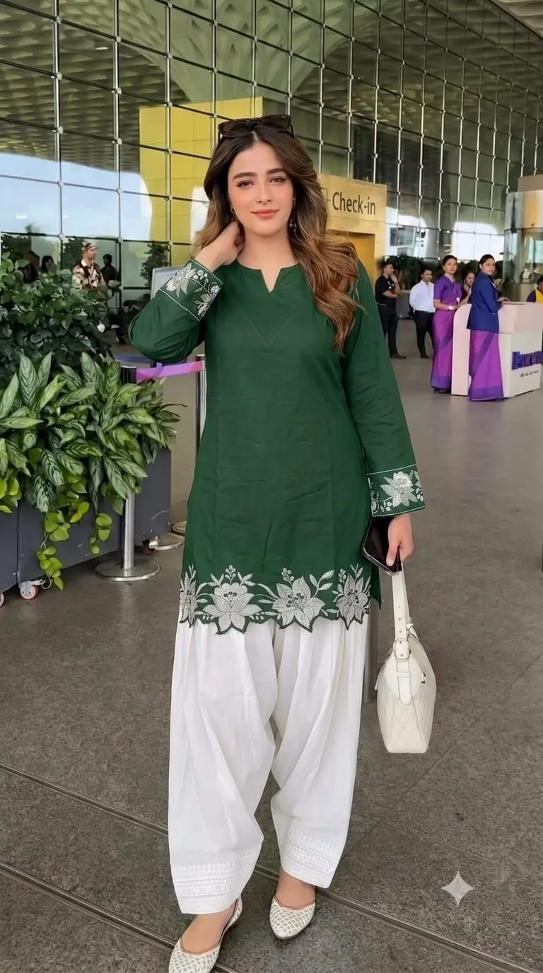 Pure Cotton Embroidered Short Kurti with Off-White Farshi Salwar Set | Cutwork Border Festive 2-Piece Suit