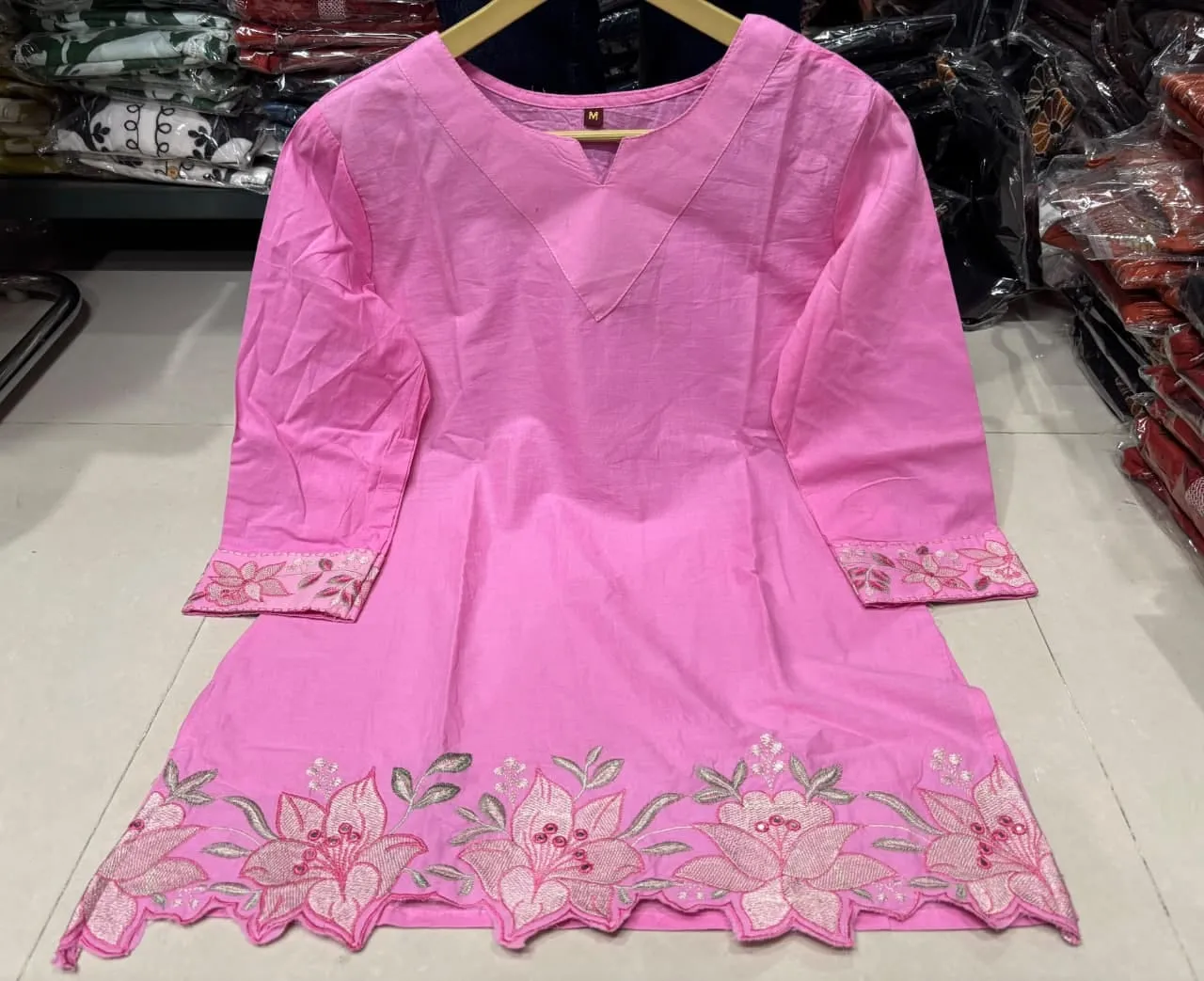 Pure Cotton Embroidered Short Kurti with Off-White Farshi Salwar Set | Cutwork Border Festive 2-Piece Suit - Image 12