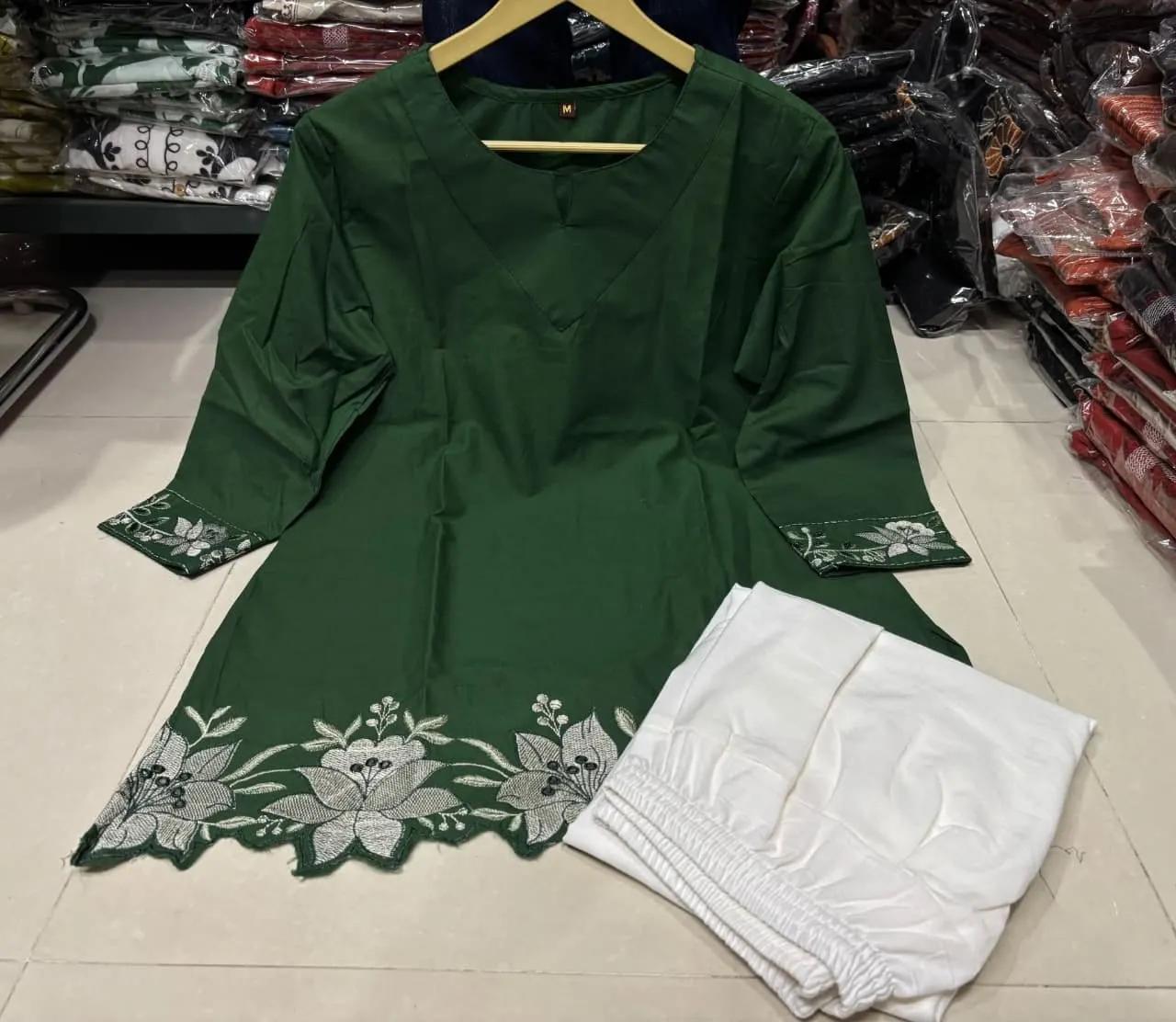 Pure Cotton Embroidered Short Kurti with Off-White Farshi Salwar Set | Cutwork Border Festive 2-Piece Suit - Image 15