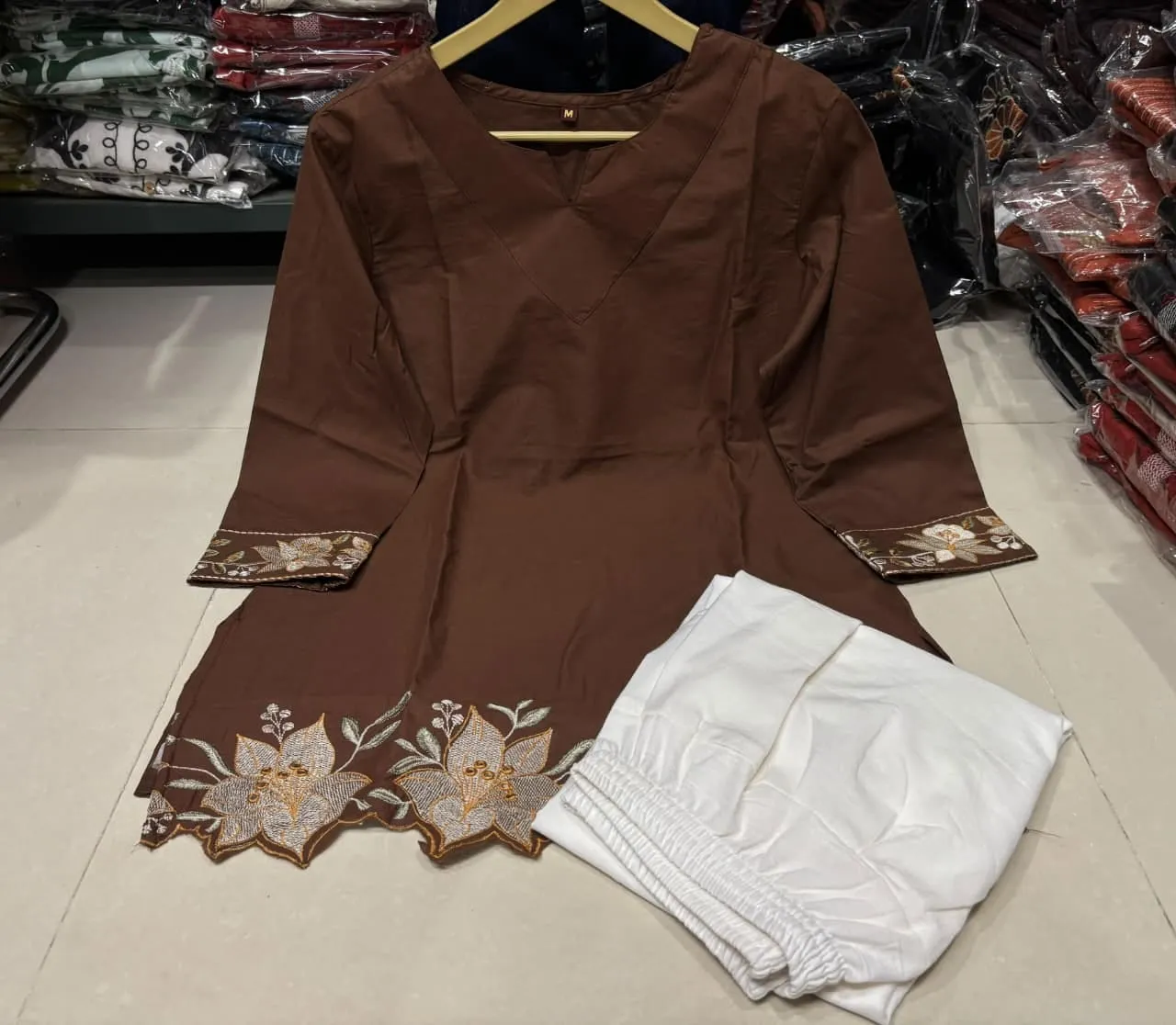 Pure Cotton Embroidered Short Kurti with Off-White Farshi Salwar Set | Cutwork Border Festive 2-Piece Suit - Image 16