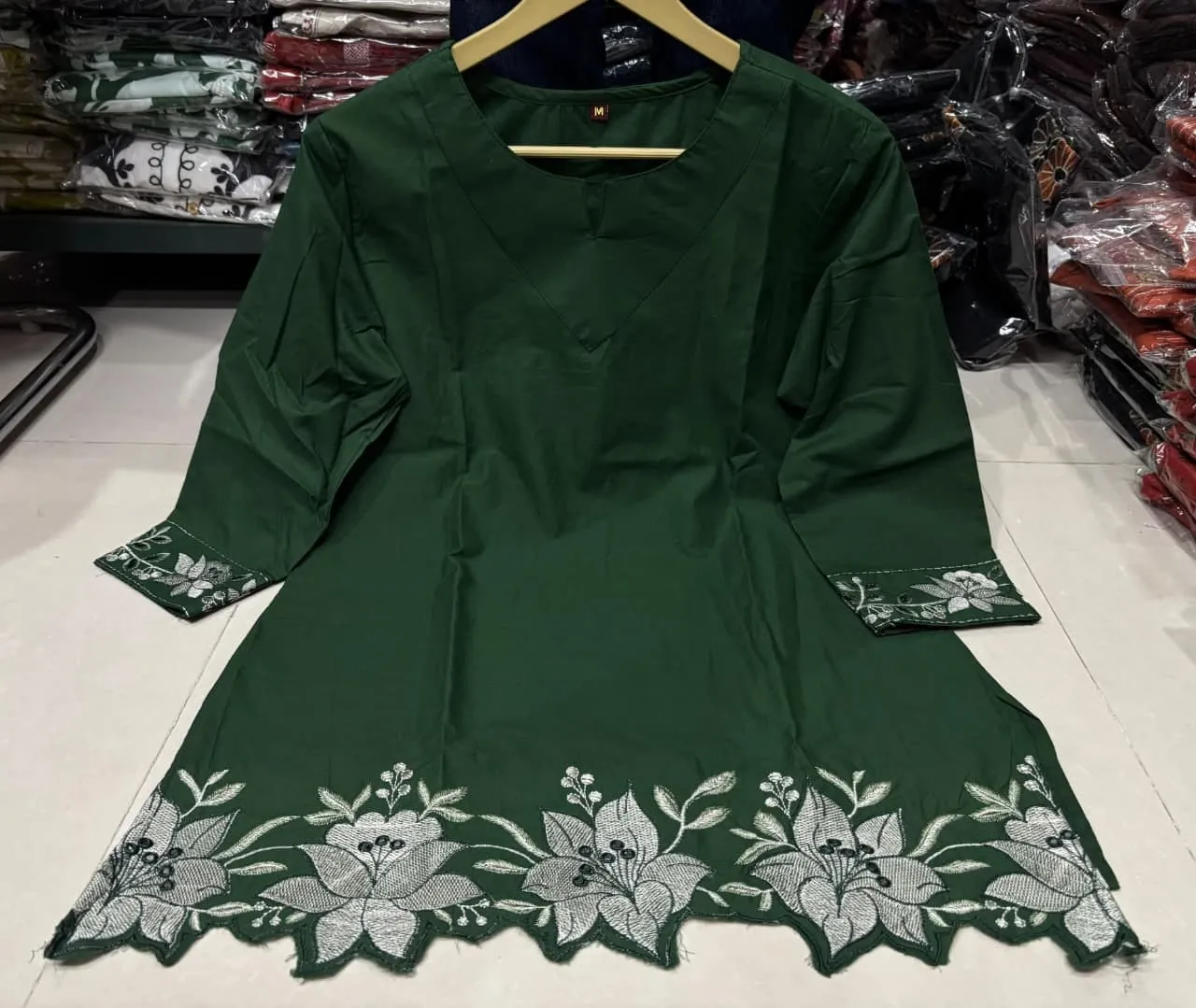 Pure Cotton Embroidered Short Kurti with Off-White Farshi Salwar Set | Cutwork Border Festive 2-Piece Suit - Image 17