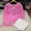 Pure Cotton Embroidered Short Kurti with Off-White Farshi Salwar Set | Cutwork Border Festive 2-Piece Suit - Image 2