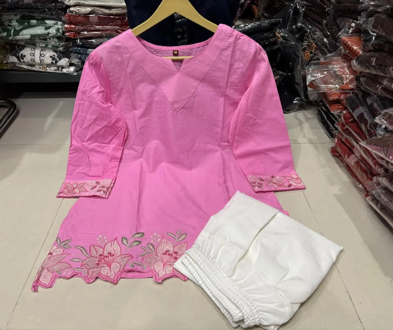 Pure Cotton Embroidered Short Kurti with Off-White Farshi Salwar Set | Cutwork Border Festive 2-Piece Suit - Image 2