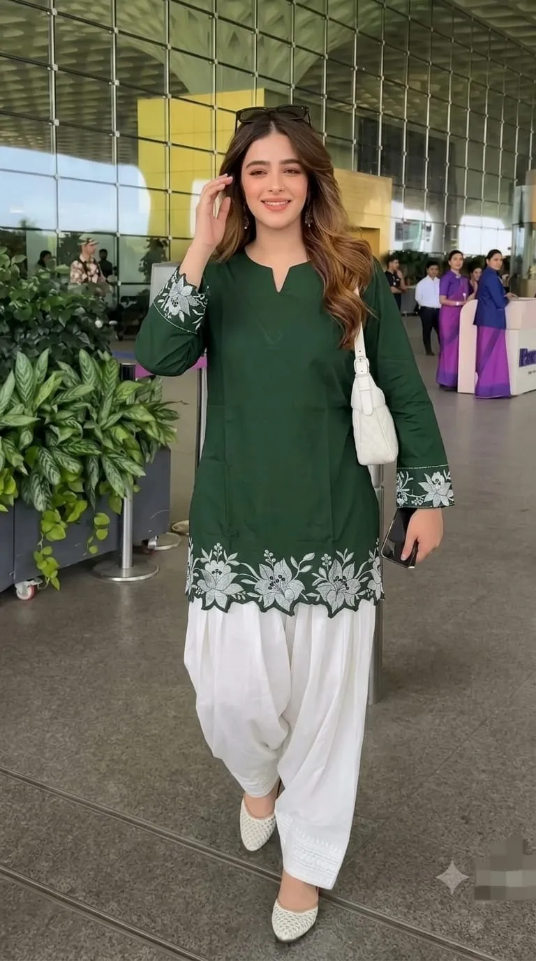 Pure Cotton Embroidered Short Kurti with Off-White Farshi Salwar Set | Cutwork Border Festive 2-Piece Suit - Image 3