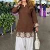 Pure Cotton Embroidered Short Kurti with Off-White Farshi Salwar Set | Cutwork Border Festive 2-Piece Suit - Image 4