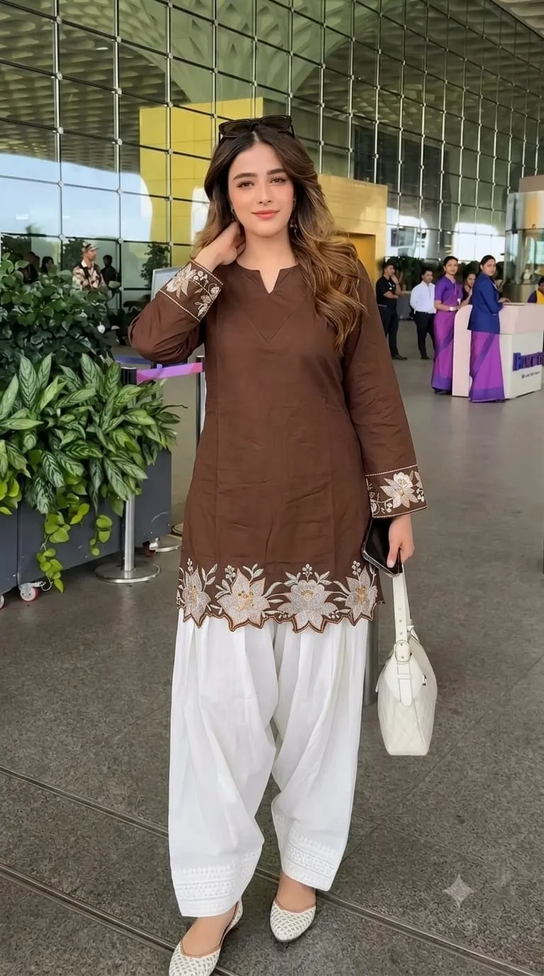 Pure Cotton Embroidered Short Kurti with Off-White Farshi Salwar Set | Cutwork Border Festive 2-Piece Suit - Image 4