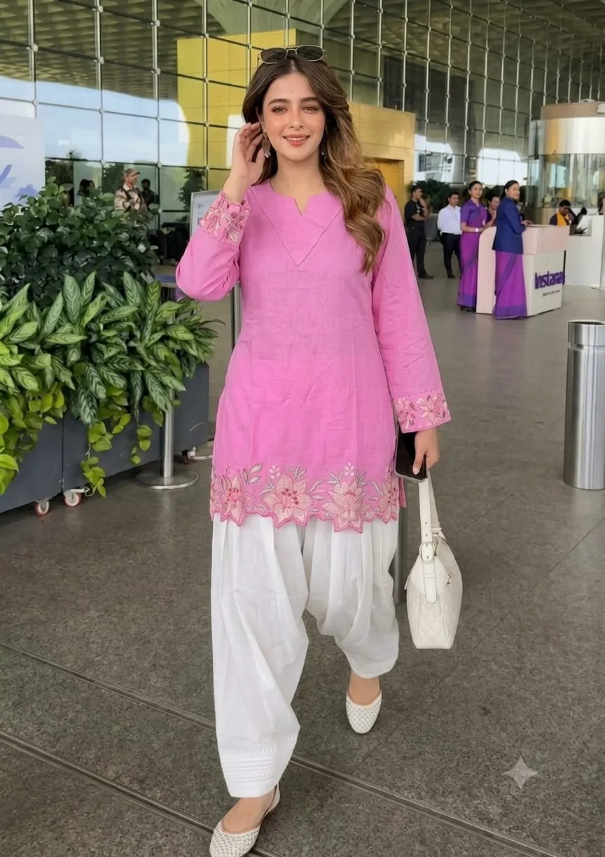 Pure Cotton Embroidered Short Kurti with Off-White Farshi Salwar Set | Cutwork Border Festive 2-Piece Suit - Image 5