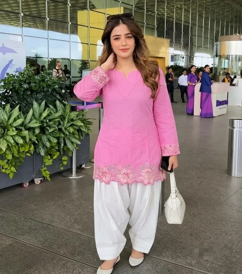 Pure Cotton Embroidered Short Kurti with Off-White Farshi Salwar Set | Cutwork Border Festive 2-Piece Suit - Image 6