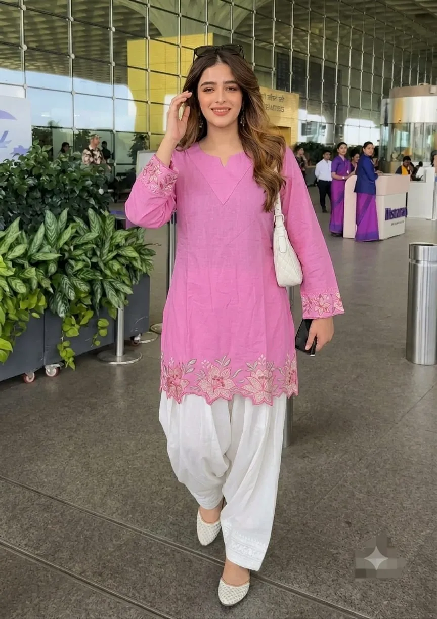 Pure Cotton Embroidered Short Kurti with Off-White Farshi Salwar Set | Cutwork Border Festive 2-Piece Suit - Image 7