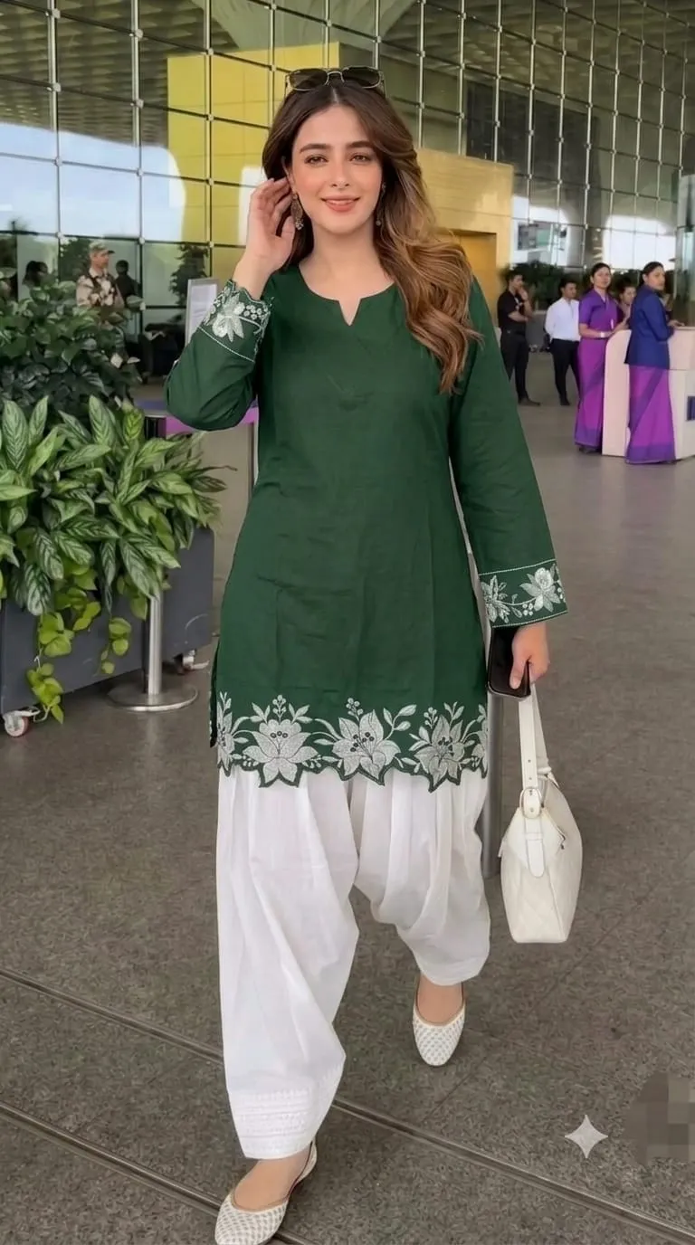 Pure Cotton Embroidered Short Kurti with Off-White Farshi Salwar Set | Cutwork Border Festive 2-Piece Suit - Image 9