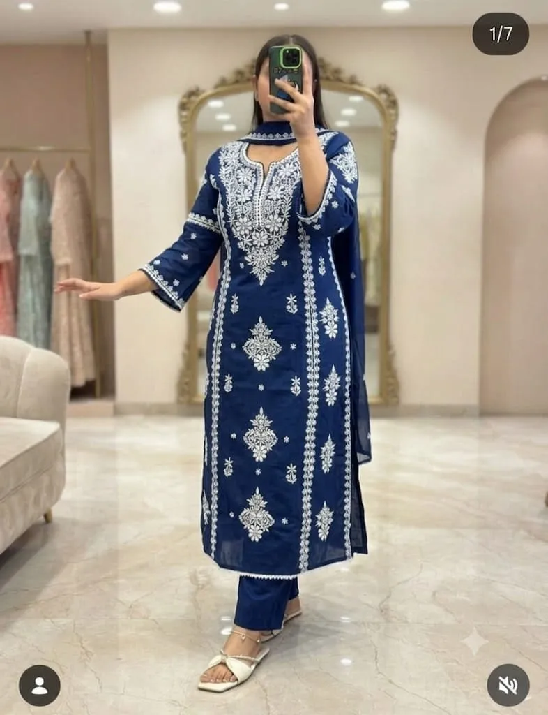 Pure Cotton Heavy Thread Embroidery Kurti Pant Set with Dupatta – Festive Straight Suit Set