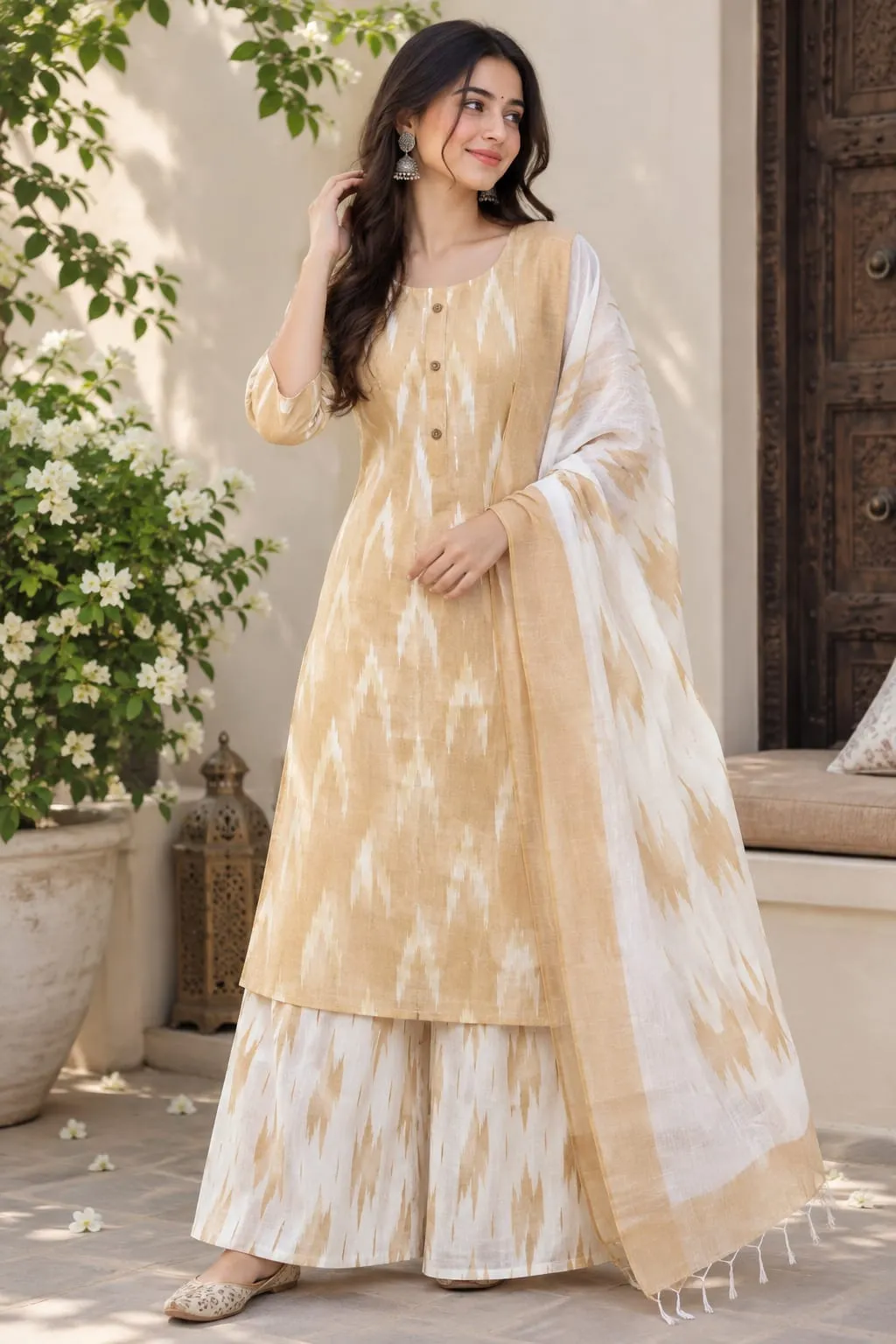 Pure Cotton Ikkat Print Kurti Palazzo Set with Dupatta & Pocket (M to 4XL)