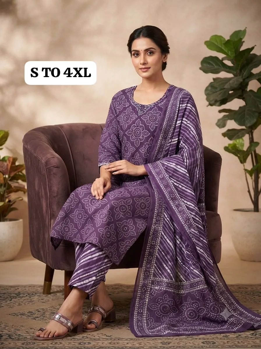 Pure Cotton Jaipuri Bandhani Discharge Print Kurti Pant Set with Dupatta – 3-Piece Ethnic Suit (Sizes S to 4XL)
