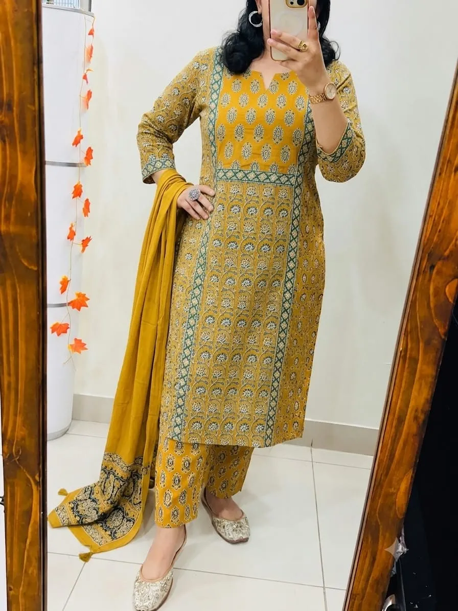 Pure Cotton Jaipuri Hand Block Print Kurti Pant Set with Cotton Dupatta | Hand Mirror Work Festive 3-Piece Suit