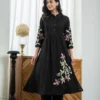 Pure Cotton Pleated Flared Kurti with Pant Set – Embroidered Floral & Sequin 2-Piece Co-ord Suit