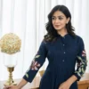 Pure Cotton Pleated Flared Kurti with Pant Set – Embroidered Floral & Sequin 2-Piece Co-ord Suit - Image 5
