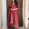 Pure Cotton Printed Flared Anarkali Kurta Pant Set with Dupatta | Sequin Katha Work Festive 3-Piece Suit
